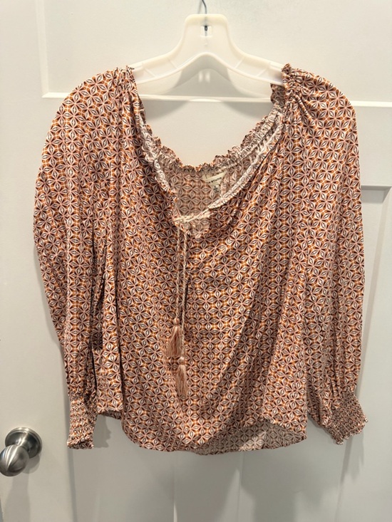 Max Studio Tops - Max Studio Boho Blouse Small Tassel Tie Peasant Top Smocked Neck Long Sleeve
